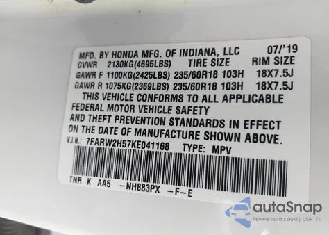 2019 Honda Cr-V Ex из США, поврежденный, VIN 7FARW2H57KE041168